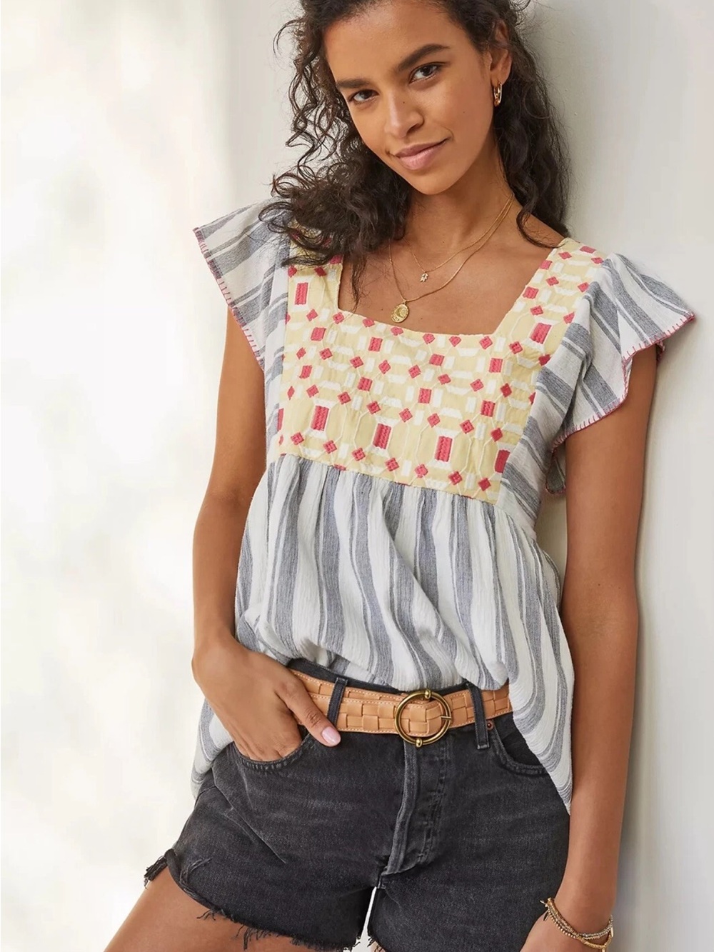 Anthropologie Forever That Girl Embroidered Yellow & Gray Striped Tunic NWT  10